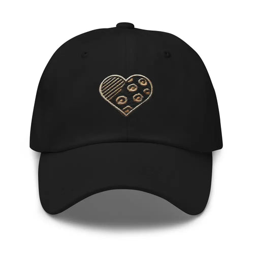 Black animal print embroidered heart dad hat – gold leopard print cotton twill cap