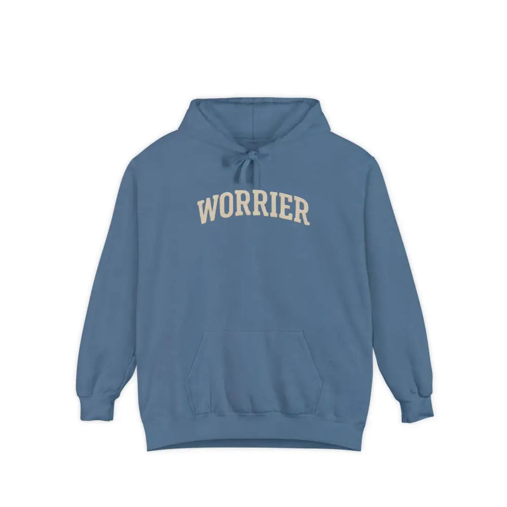 Blue Anxiety Hoodie with Worrier Text in Beige, Comfort Colors