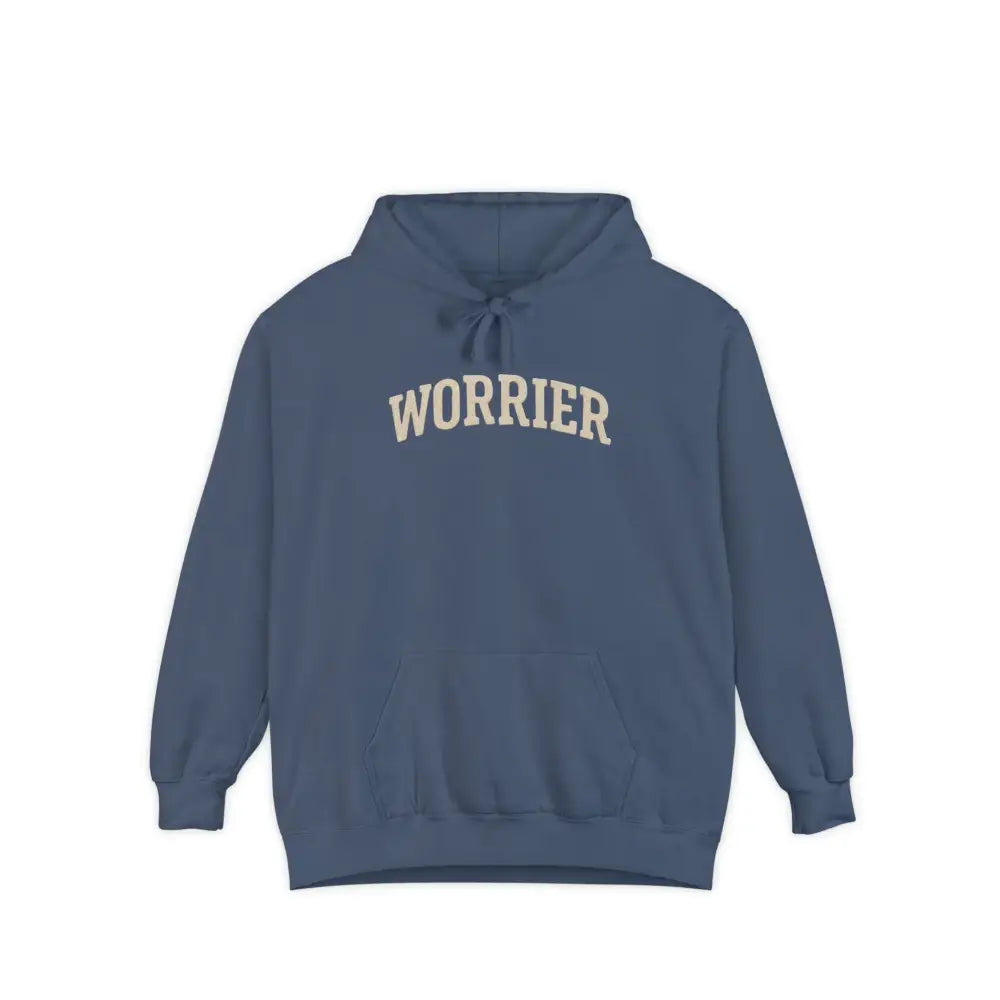 Navy blue Anxiety Hoodie with Worrier text, Comfort Colors design