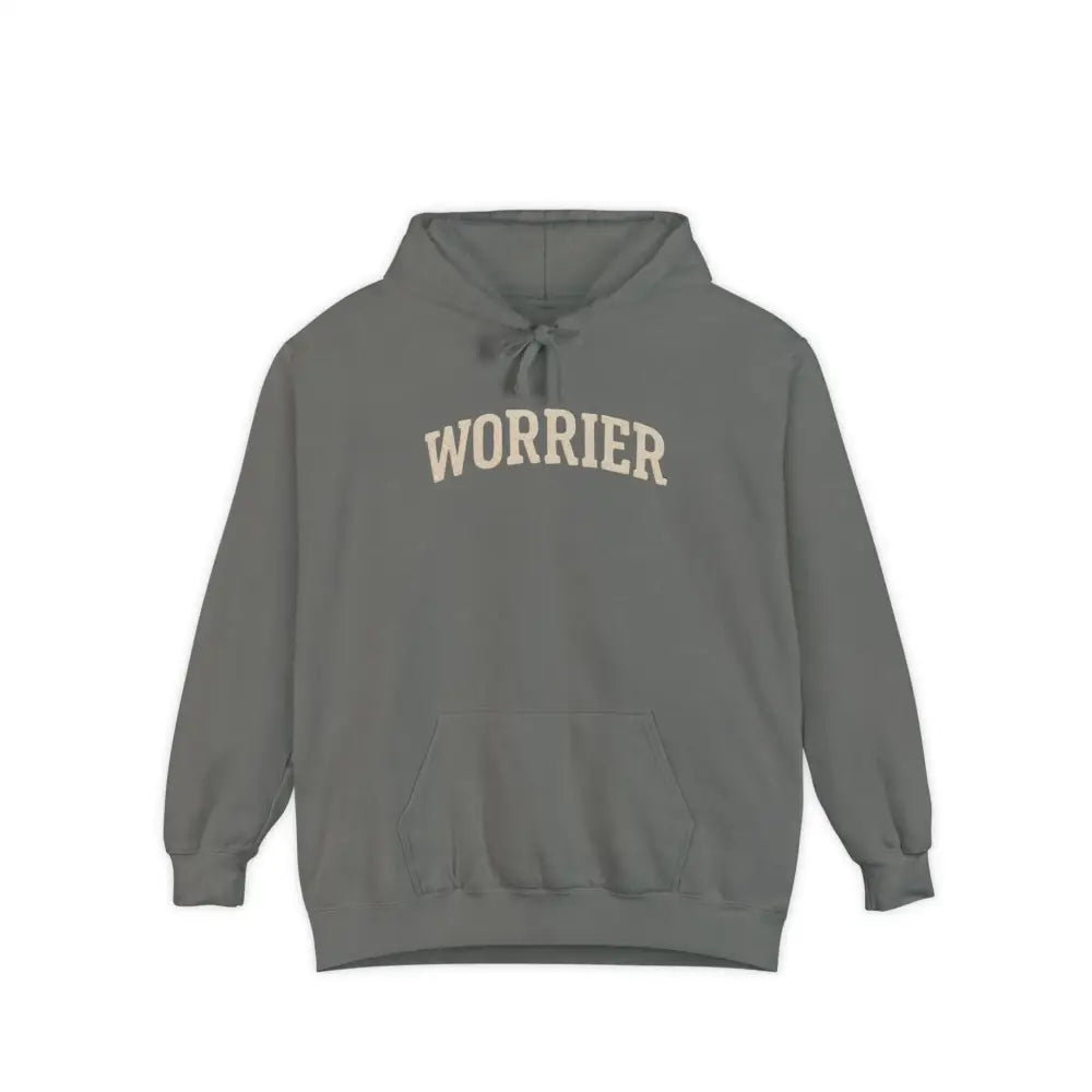 Charcoal gray Anxiety Hoodie with Worrier text in beige, Comfort Colors