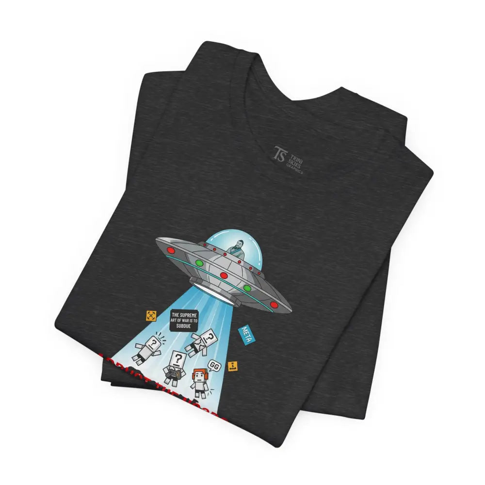Dark gray UFO graphic tee with alien humor abduction of pixelated figures