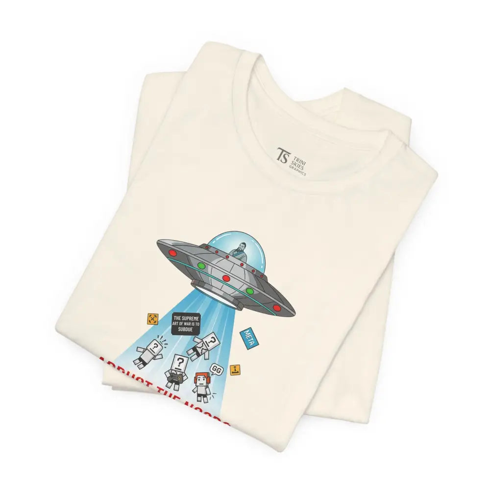 Folded cream UFO graphic tee with alien humor abduction design