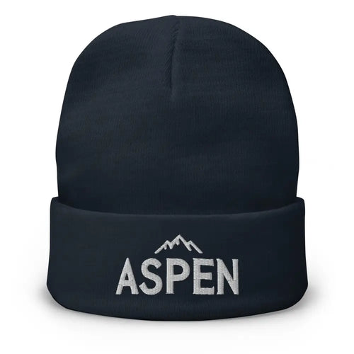 Dark blue embroidered Aspen mountain beanie – cozy cotton blend ski winter hat
