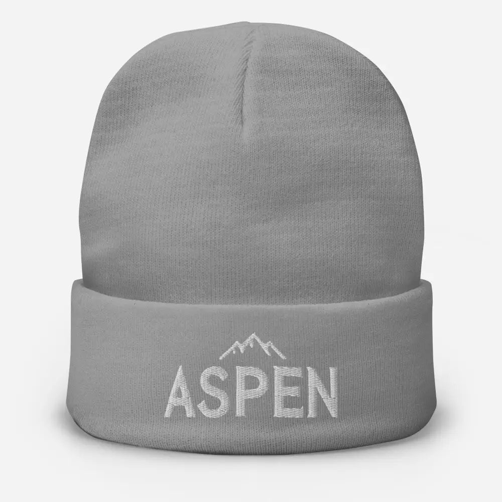 Light gray Aspen embroidered beanie in cozy cotton blend with mountain graphic
