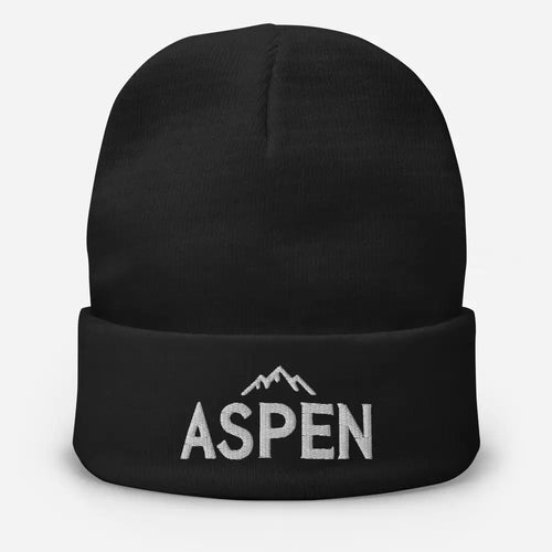 Black embroidered Aspen mountain beanie – cozy cotton blend ski winter knit hat