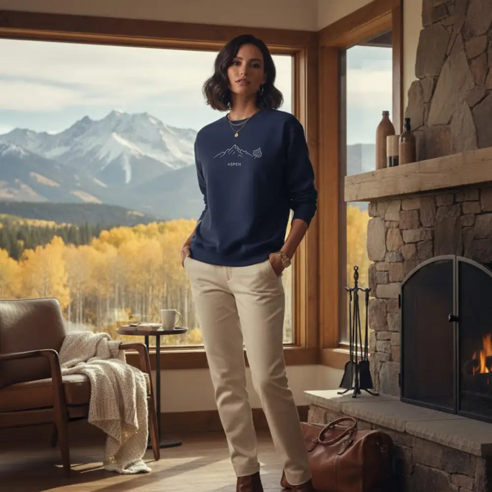 Aspen Embroidered Comfort Colors sweatshirt with navy mountains, cream pants, brown boots