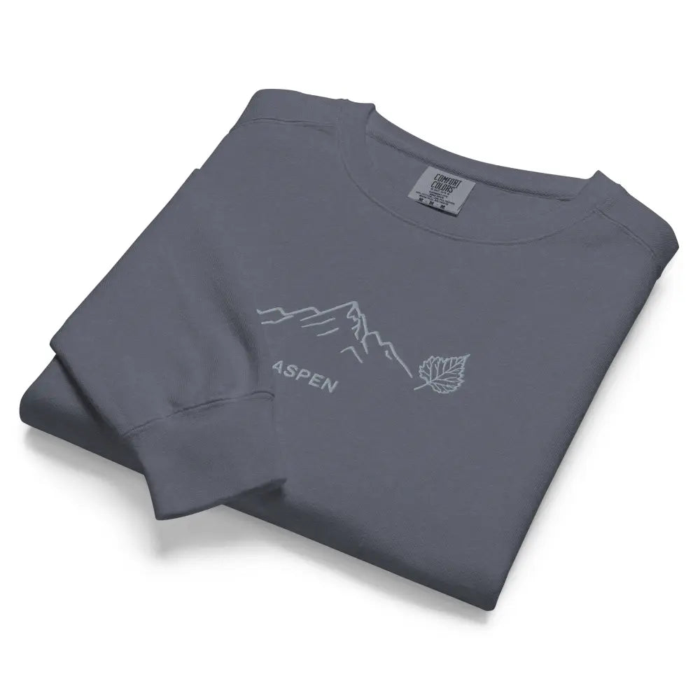 Aspen embroidered Comfort Colors charcoal gray crewneck sweatshirt with mountain and leaf design