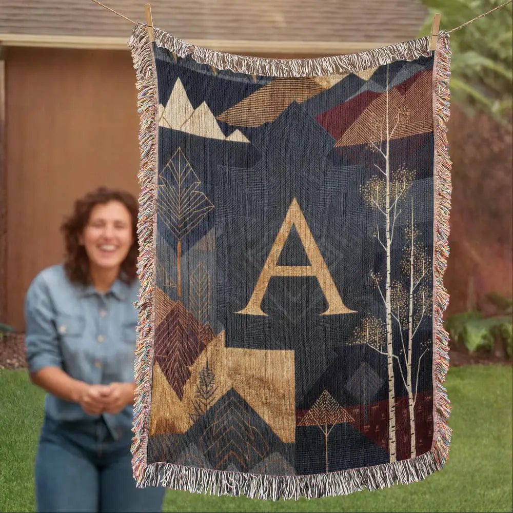 Aspen initial woven blanket with gold A, alpine travel textile mountains
