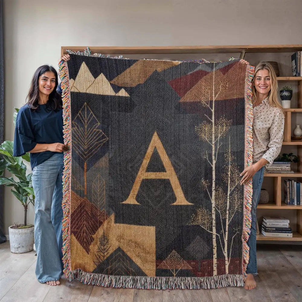 Aspen initial woven blanket in dark gray with gold A and alpine motifs