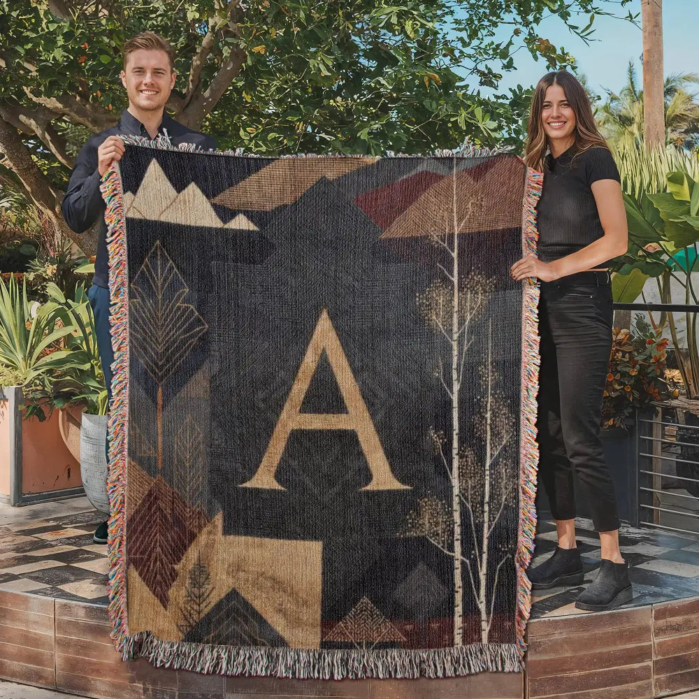 Aspen initial woven blanket with alpine travel textile mountain design