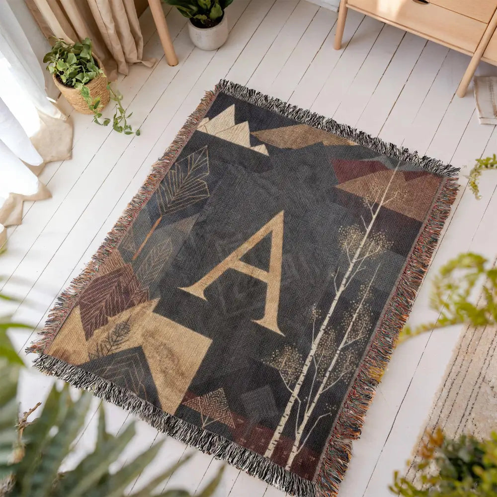 Aspen initial woven blanket with gold A and mountain tree design