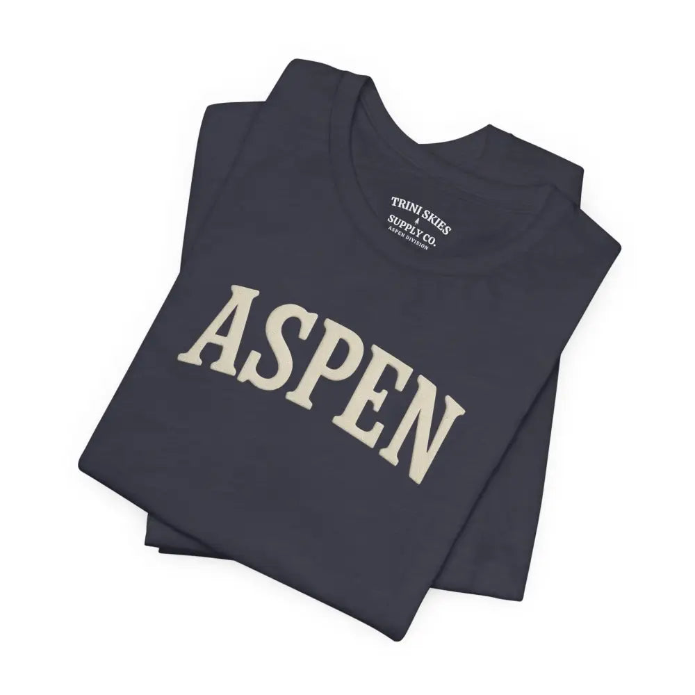 Folded dark blue minimalist Aspen chest graphic tee with detailed DTG collegiate print