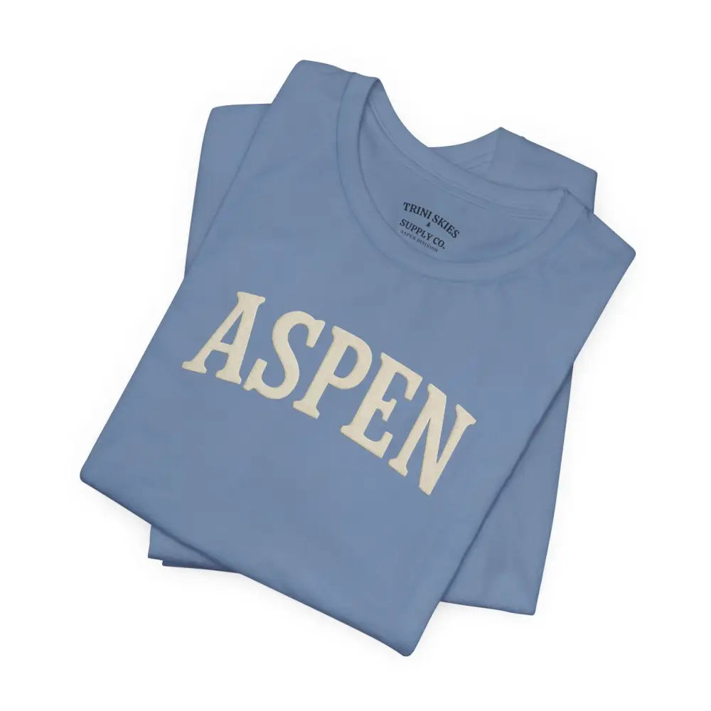 Light blue minimalist Aspen chest graphic tee with detailed DTG collegiate arched text