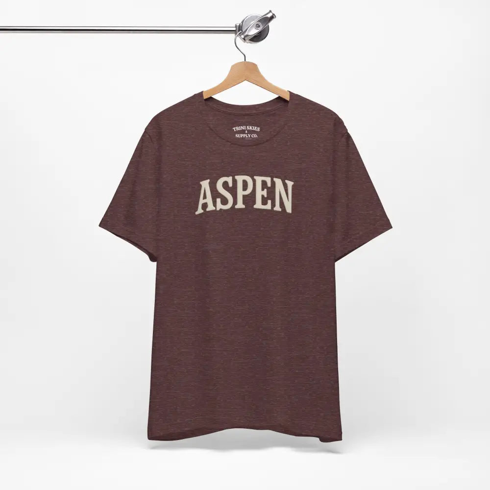 Men’s short-sleeved maroon Aspen chest graphic tee with detailed DTG collegiate print