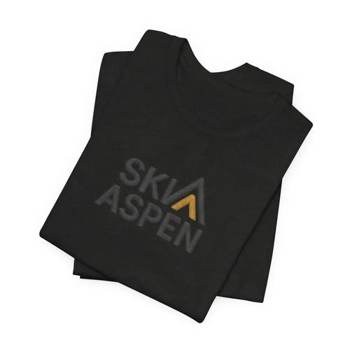 Folded black Aspen Mountain Tee with gray and gold logo, Bella+Canvas premium
