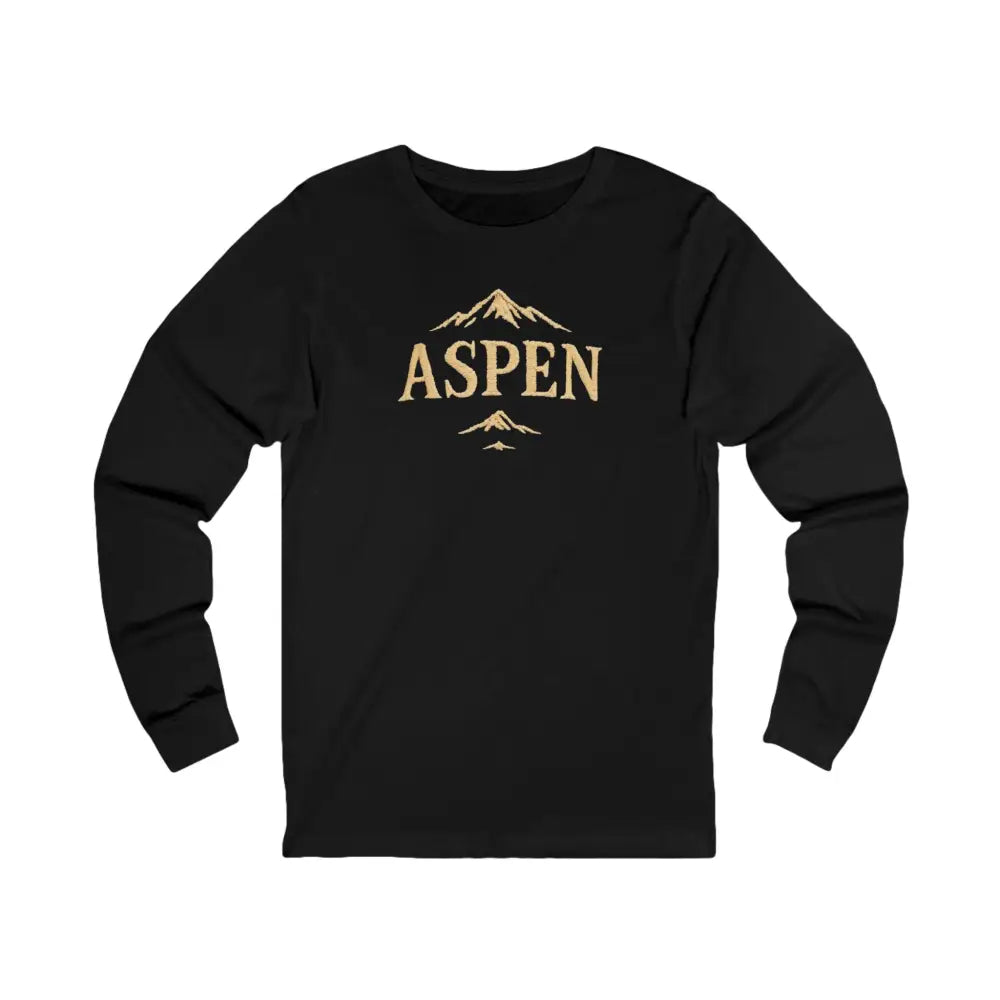 Black long-sleeve tee with gold Aspen mountain graphic by Trini Skies