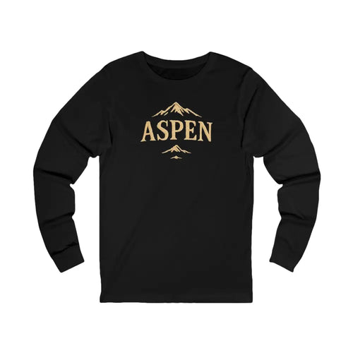 Black long-sleeve tee with gold Aspen mountain graphic by Trini Skies