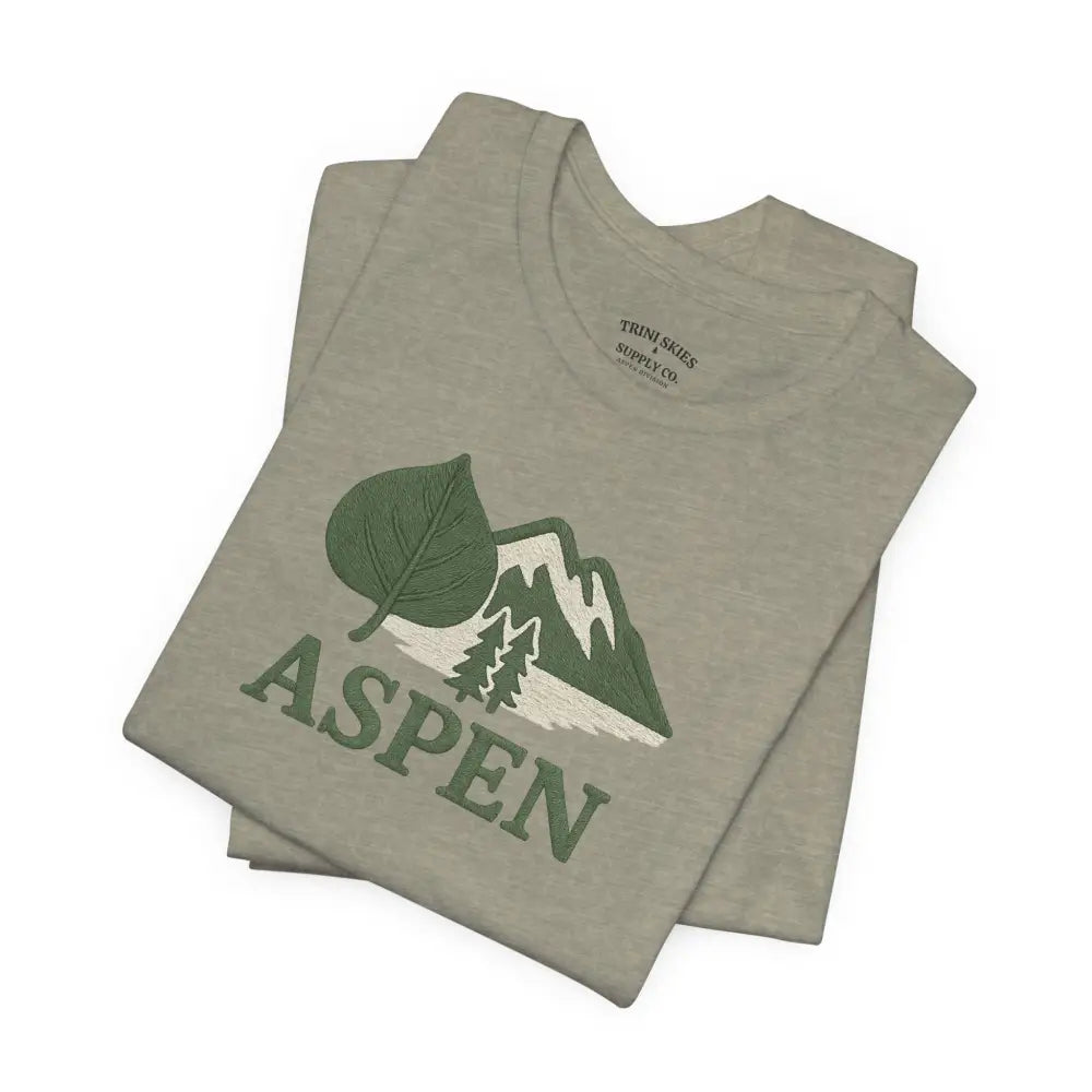 Aspen Mountain Tee in light olive green with leaf and mountain graphic