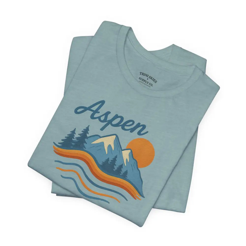 Light blue Aspen Mountain Tee with colorful forest graphic