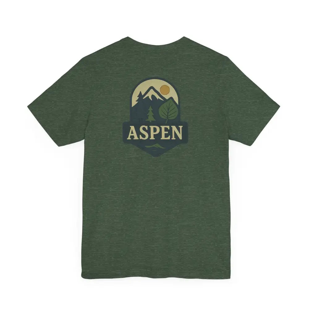 Dark green Aspen Mountain iconic aspen tree graphic tee with division tee features