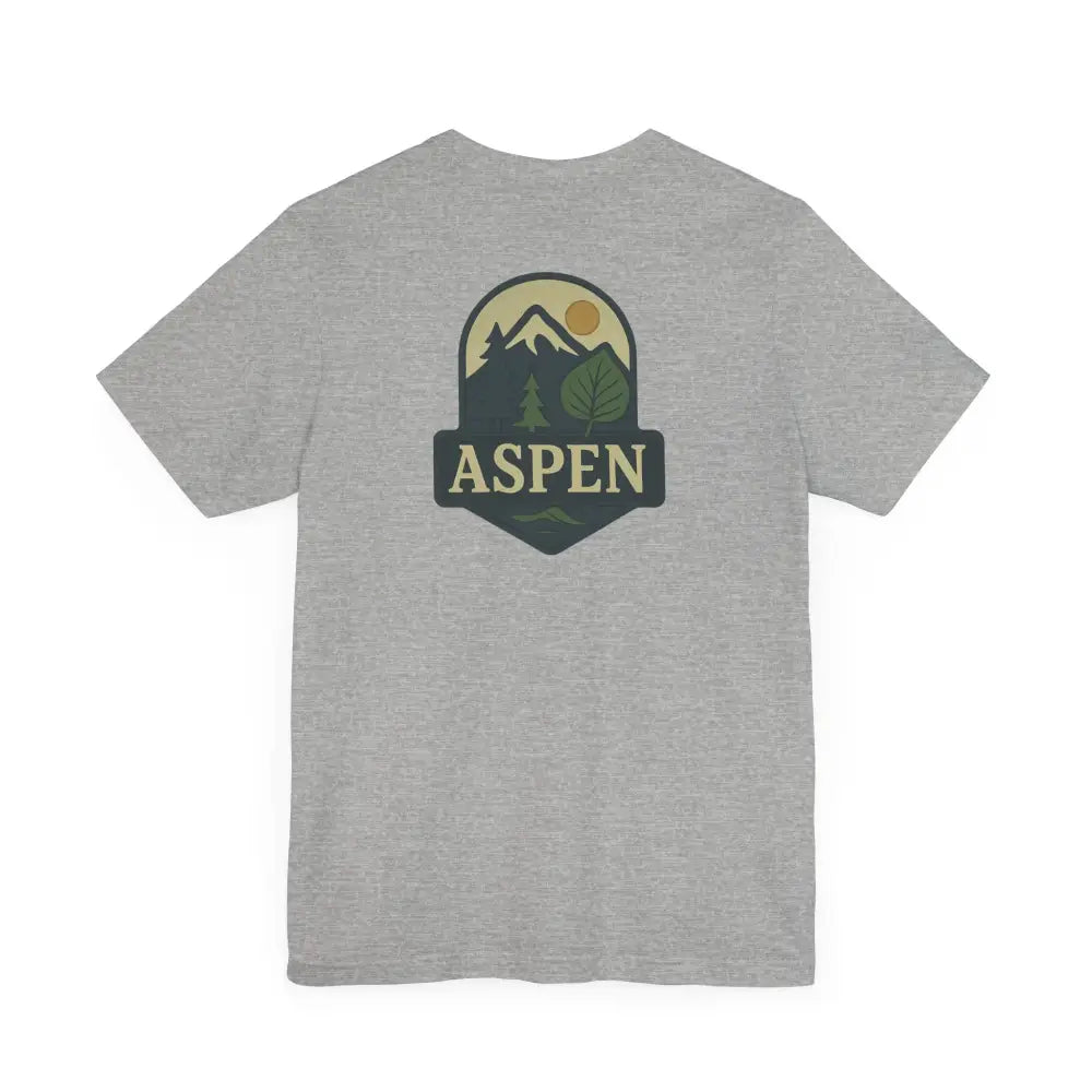 Gray Aspen short-sleeve tee with iconic aspen tree graphic and division tee features