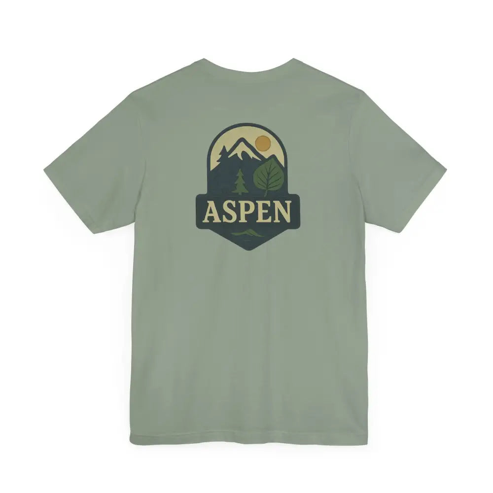 Light green Aspen Mountain graphic tee with iconic aspen tree division tee features