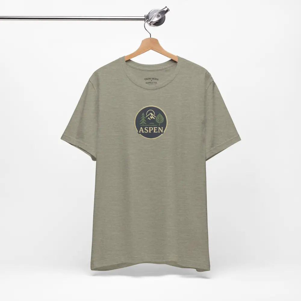Sage green Aspen Mountain graphic tee with iconic aspen tree design