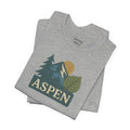 Folded gray Bella Canvas Aspen Mountain tree graphic tee with detailed DTG graphic
