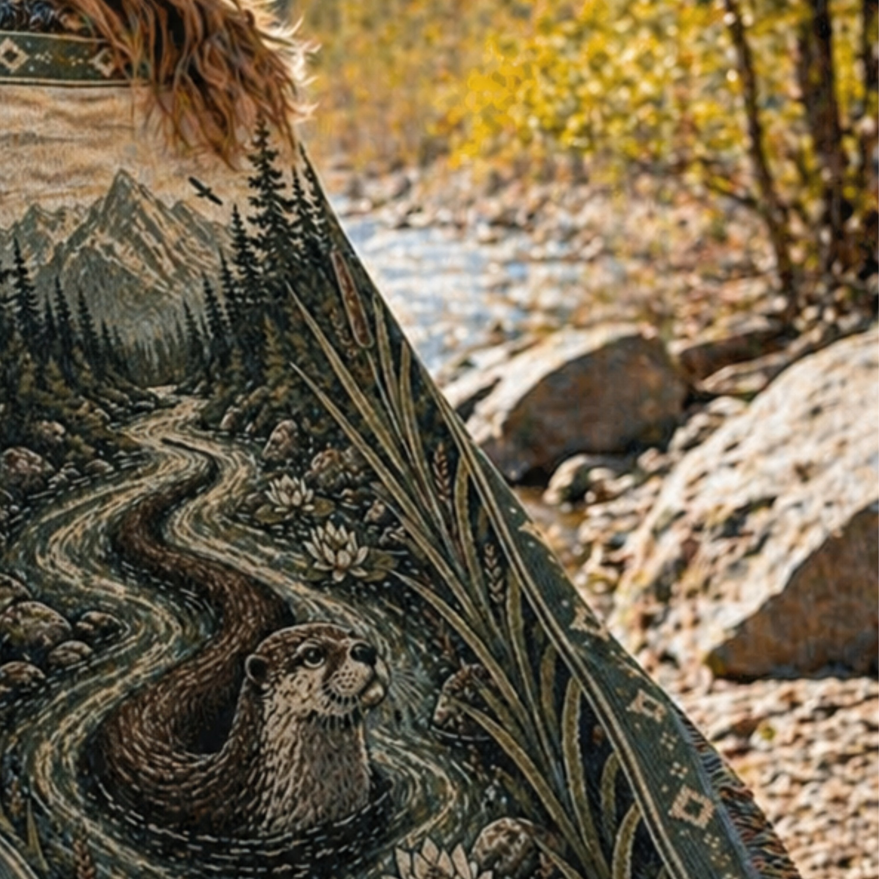 Person holding the Aspen River Otter woven throw by a mountain river in autumn — wildlife tapestry blanket in a natural outdoor setting