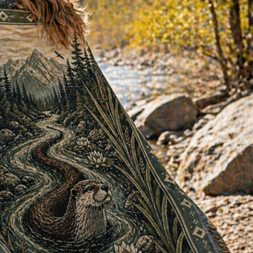 Person holding the Aspen River Otter woven throw by a mountain river in autumn — wildlife tapestry blanket in a natural outdoor setting