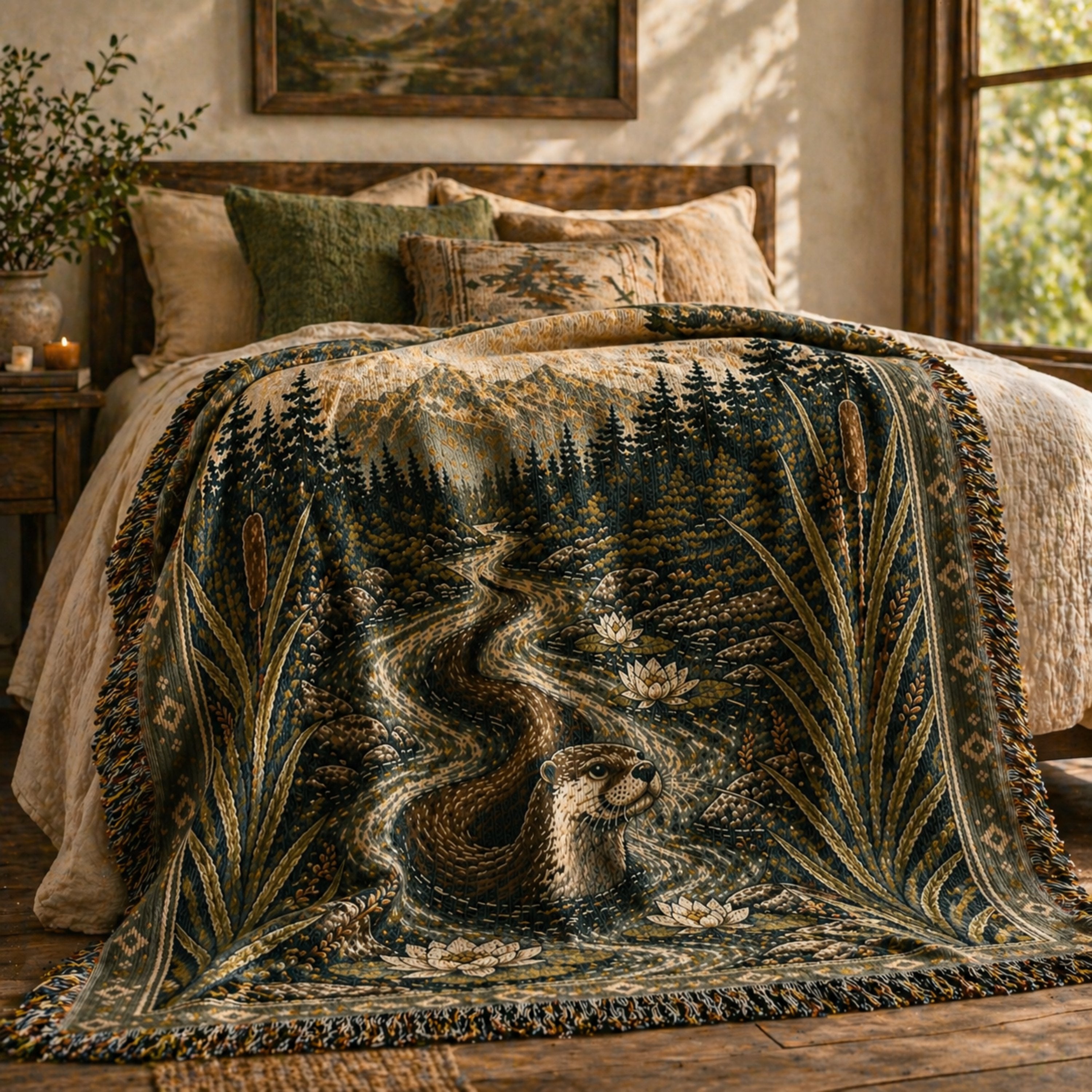 Aspen River Otter throw draped over a bed in a golden hour lodge bedroom — jacquard woven wildlife blanket for cabin and mountain home décor