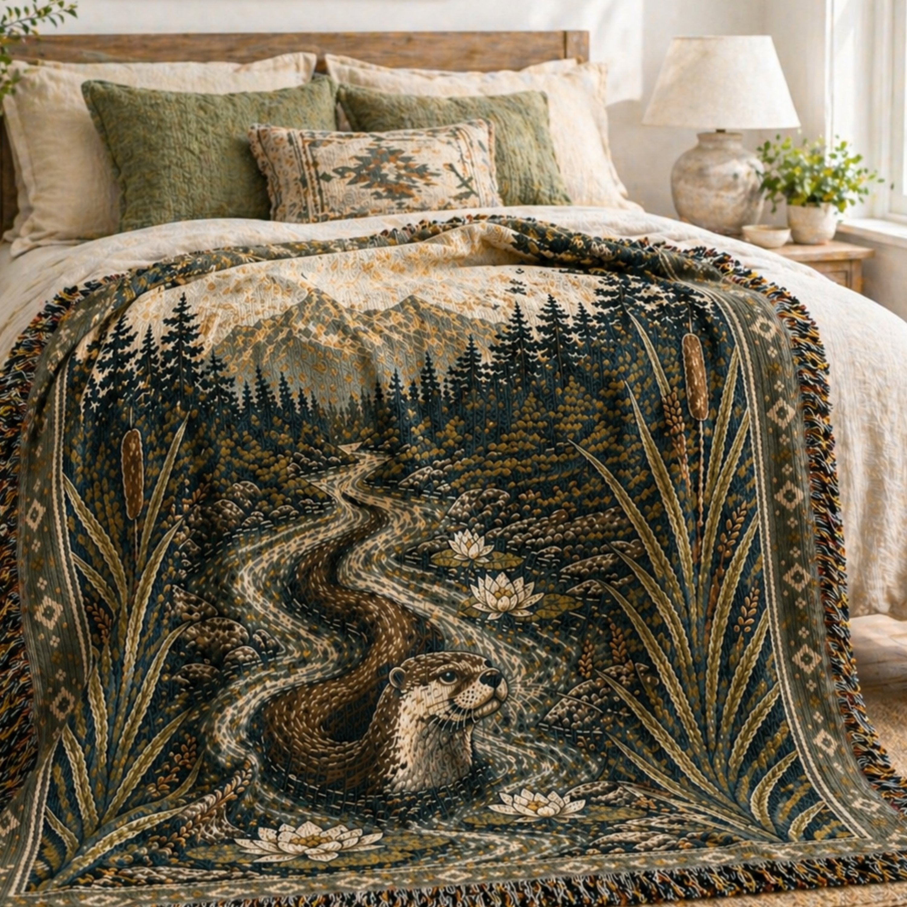 Aspen River Otter throw draped over a the edge of a bed in a lodge bedroom — jacquard woven wildlife blanket for cabin and mountain home décor
