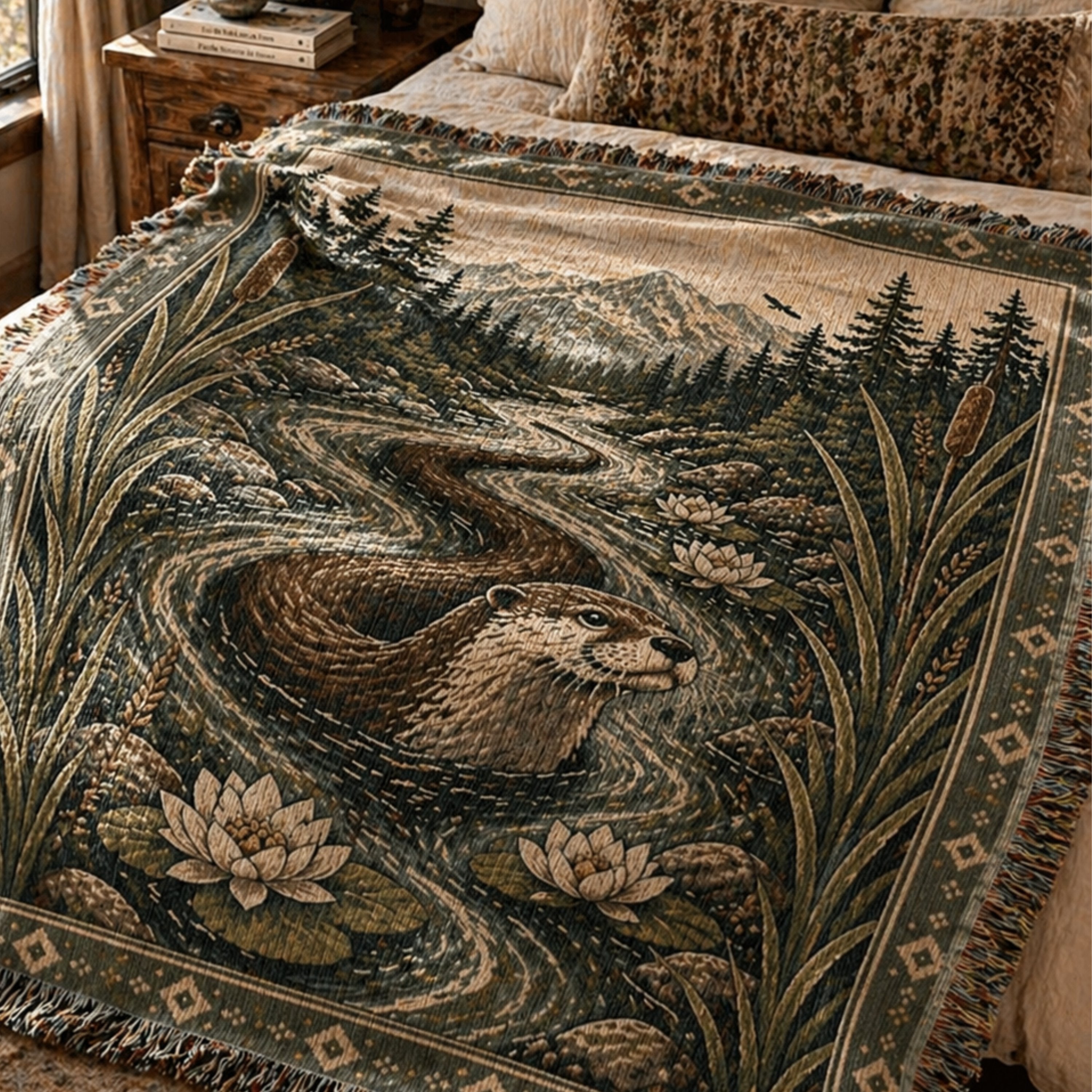 River otter woven blanket laid flat on a cabin bed — 100% cotton wildlife tapestry showing full weave detail and fringe