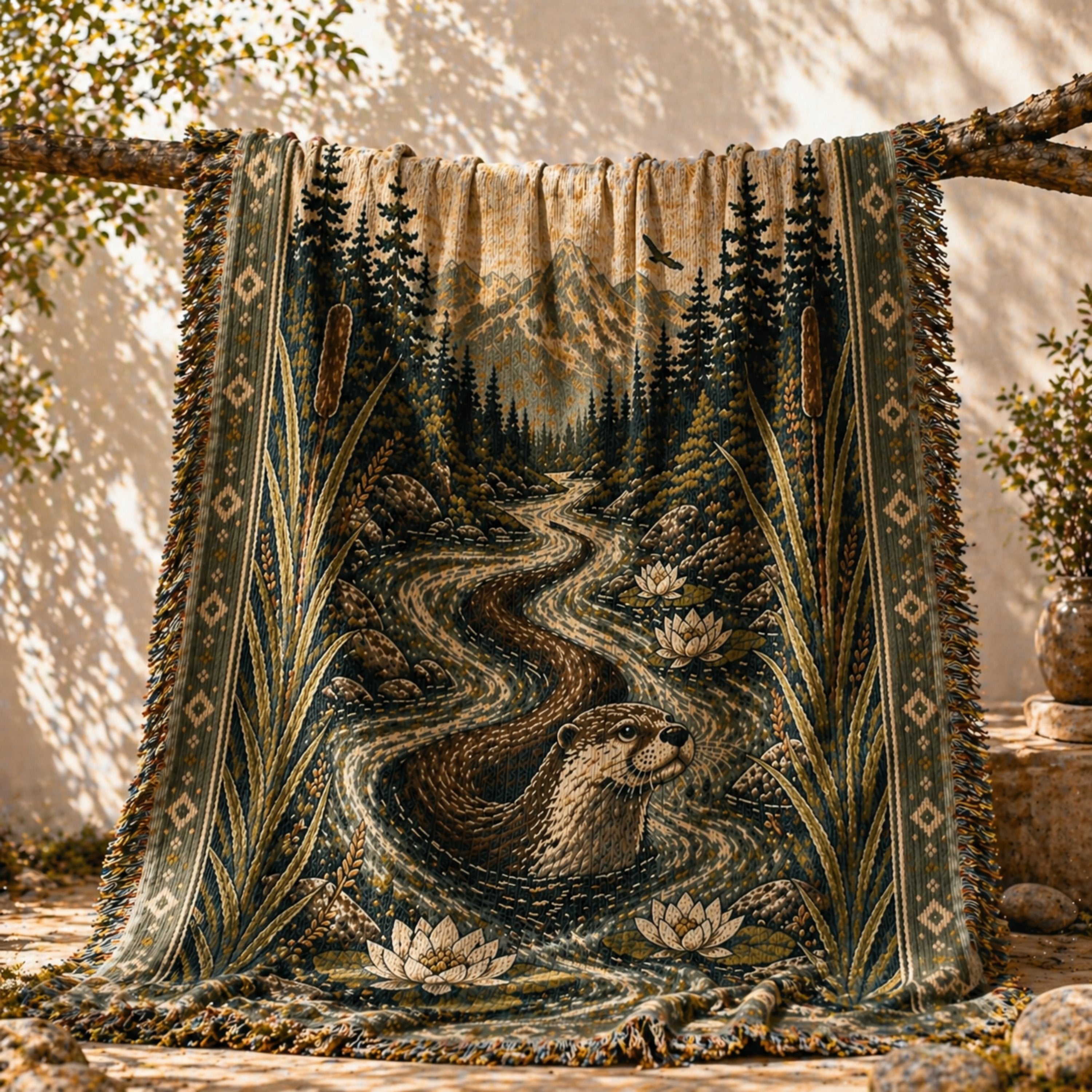 Aspen River Otter jacquard woven throw hanging on a branch outdoors — full wildlife tapestry composition in warm natural light