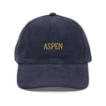 Dark blue embroidered corduroy hat with Aspen snow-capped peaks stitched in gold