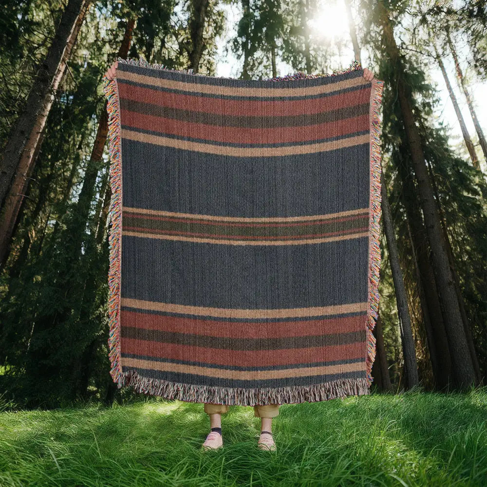 Aspen stripe woven blanket in gray, rust, beige stripes with fringe