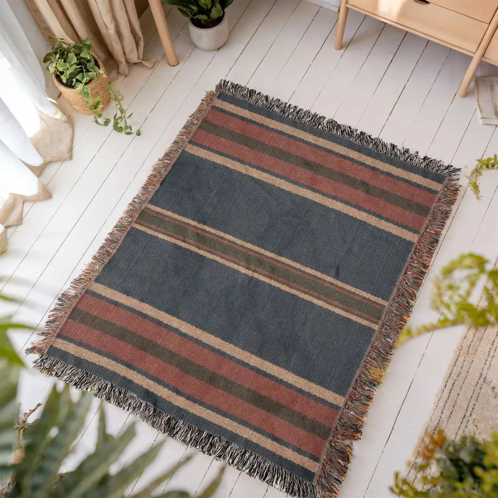 Aspen Stripe Woven rug in heritage travel textile with mountain lodge aesthetic