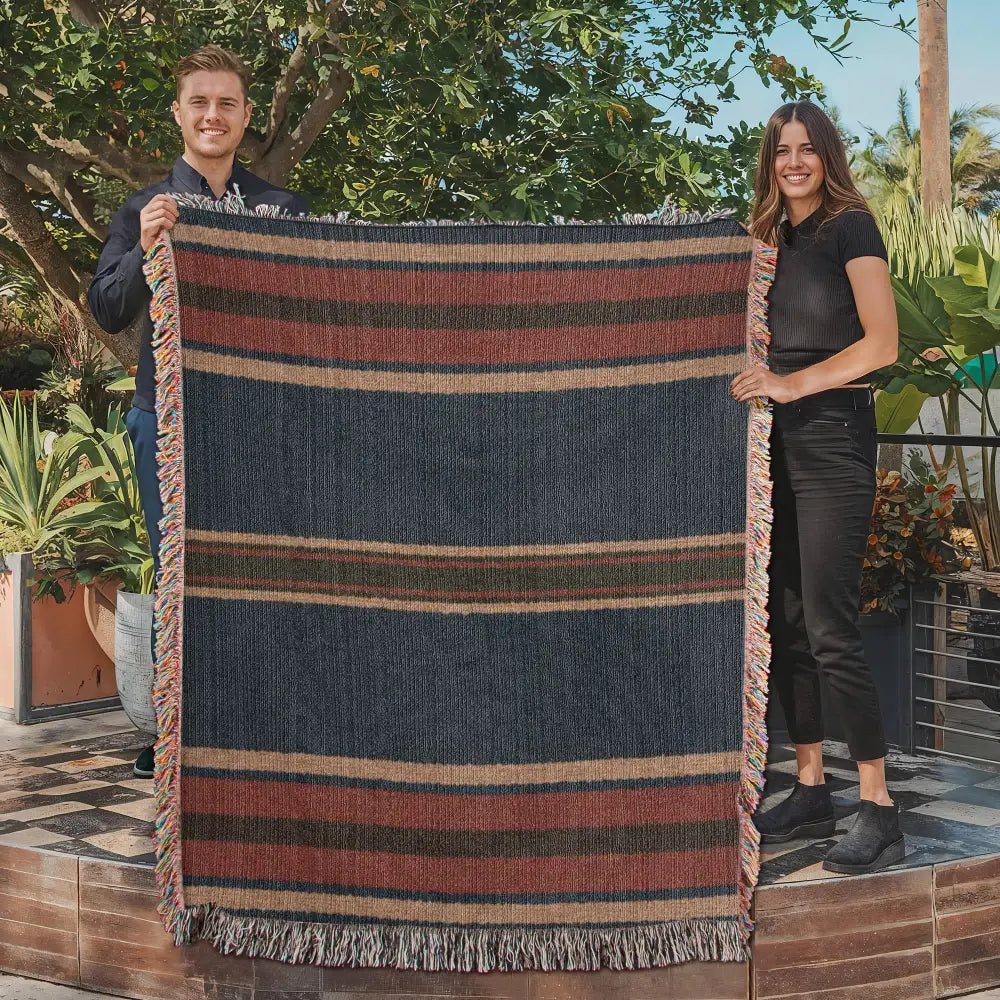 Aspen stripe woven blanket in navy, rust, beige stripes with fringe