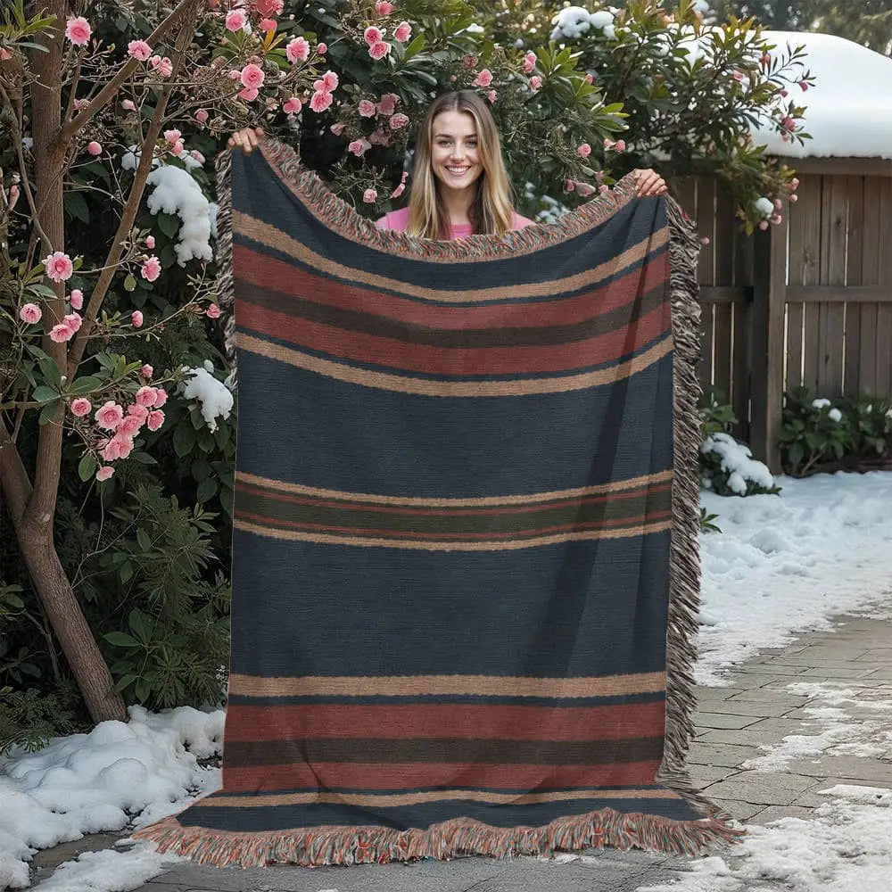 Aspen stripe woven blanket in heritage travel textile with mountain lodge aesthetic