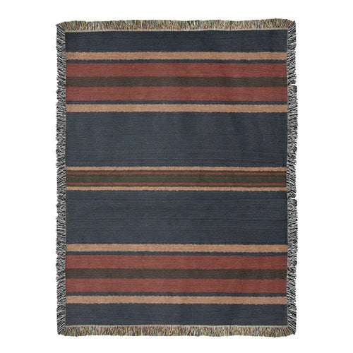 Aspen stripe woven blanket in navy, rust, and beige stripes