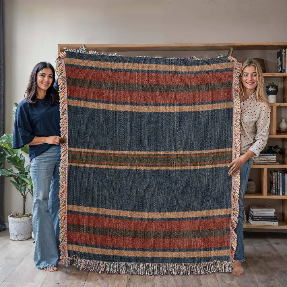Aspen stripe woven blanket in navy, terracotta, beige stripes with fringe