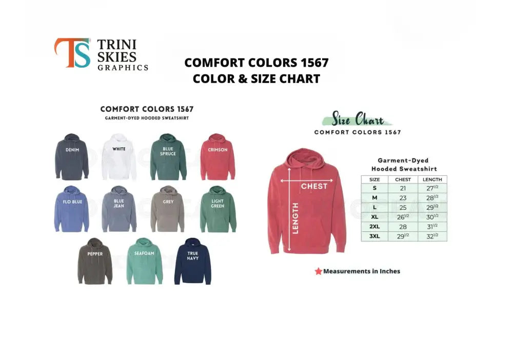 Aspen Sunset Hoodie color and size chart with Trini Skies design