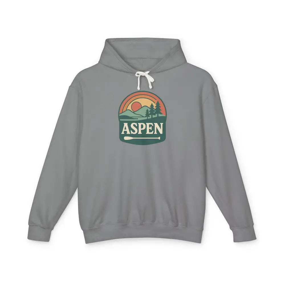 Aspen sunset hoodie with colorful mountains, trees, sunset, paddle, and ASPEN graphic