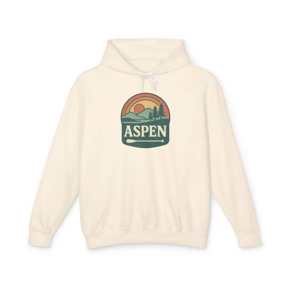 Cream-colored Aspen Sunset Hoodie with circular Aspen graphic