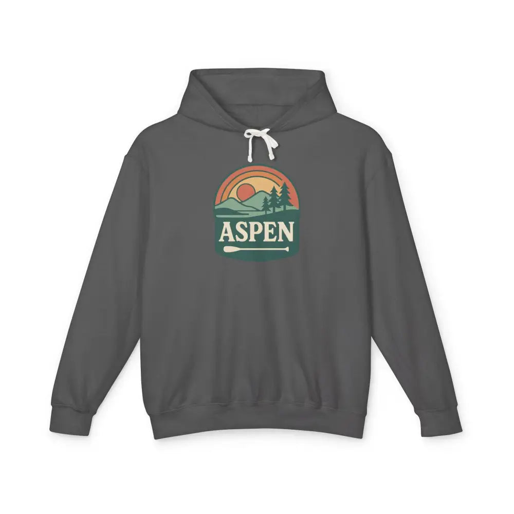 Dark gray Aspen Sunset hoodie with colorful nature graphic