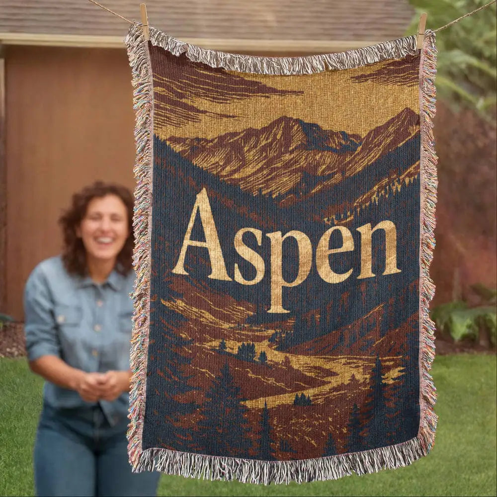 Aspen woven blanket in vintage travel-poster style mountain landscape