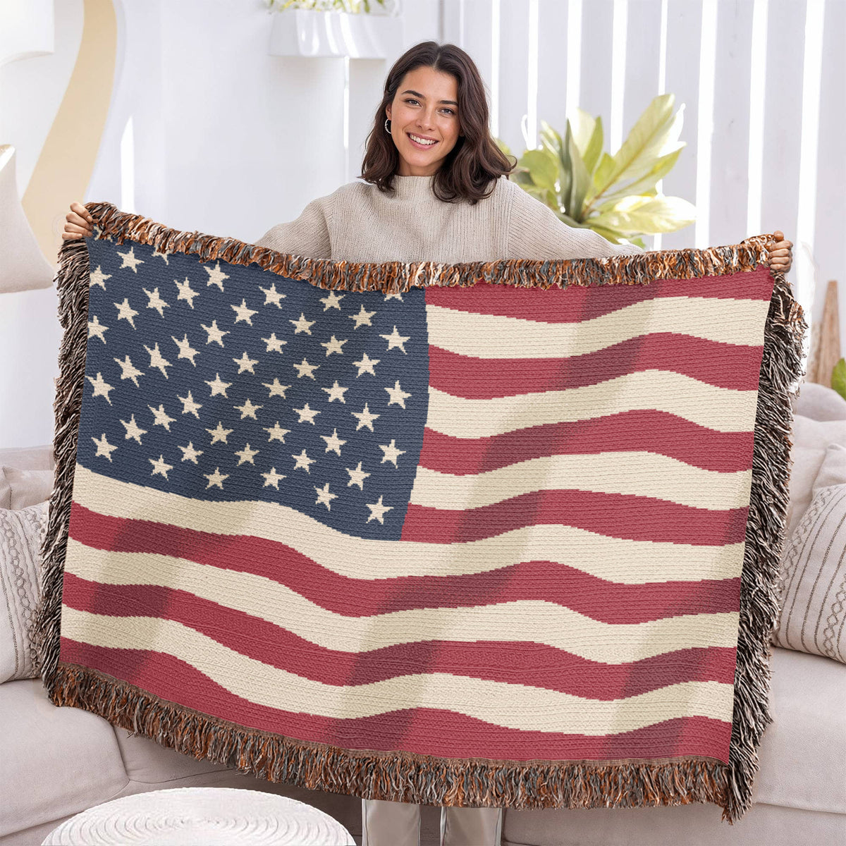 Old Glory in the Wind Waving American Flag Woven Throw Blanket – Old Glory Cotton Tapestry with Fringe, Patriotic Living Room Decor, Made in USA