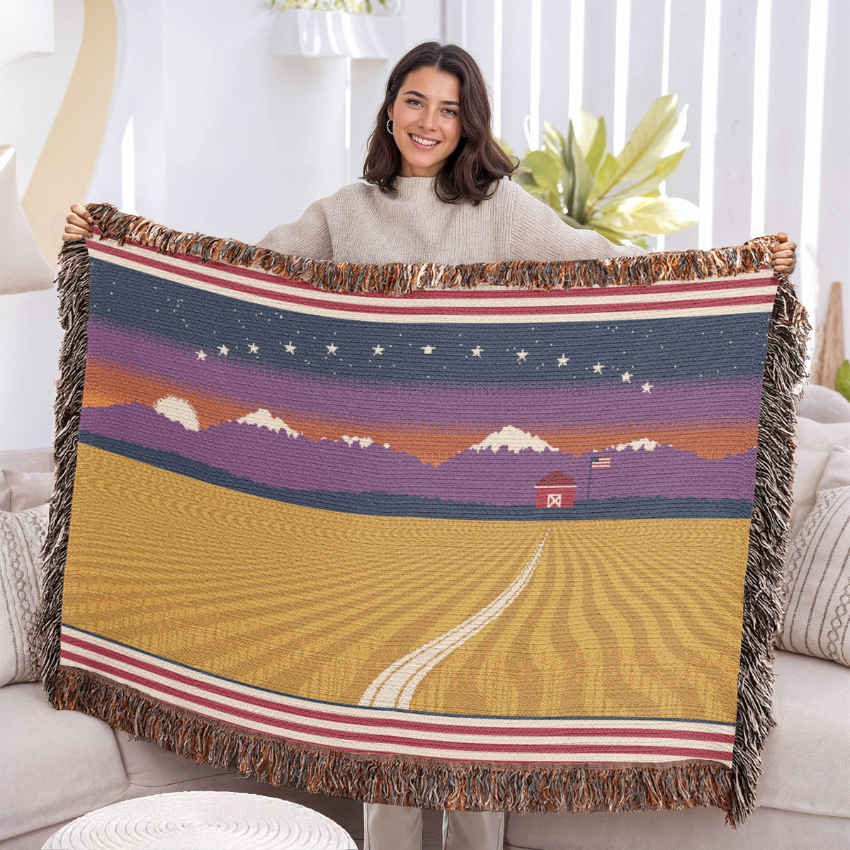 Amber Waves America the Beautiful Woven Throw Blanket – Amber Waves of Grain & Mountain Sunset Tapestry with Fringe, Patriotic Farmhouse Gift