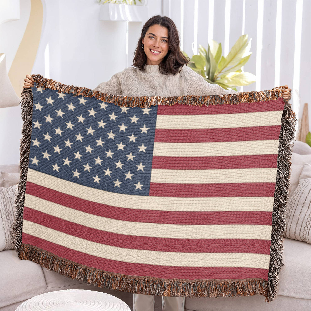 Old Glory American Flag Woven Throw Blanket – 50 Star Heirloom Cotton Tapestry with Fringe, Patriotic Home Decor, Made in USA