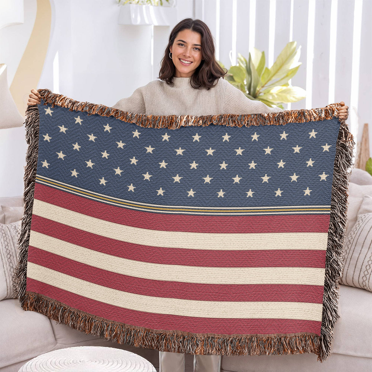 Stars & Stripes Stars and Stripes Woven Throw Blanket – Vintage Americana Cotton Tapestry with Fringe, Patriotic Cabin Decor, Made in USA